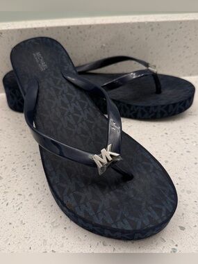 Michael Kors Bedford Navy Sandals with Silver MK Logo Flip Flops